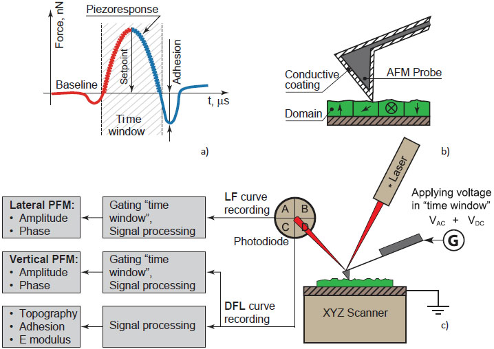 HD PFM working principle: an idealized temporal deflection curve during an oscillatory cycle, tip-sample interaction in “time window”, measurement scheme.